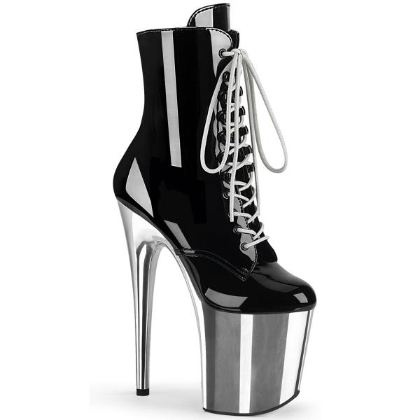 FLAMINGO-1020 Pleaser High-Heels Plateaustiefeletten schwarz Lack silber Chrom