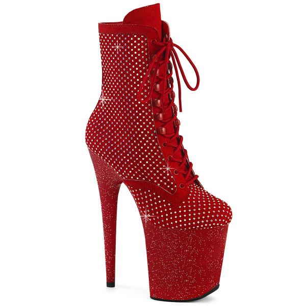FLAMINGO-1020RM Pleaser high heels platform ankle boot red suede mini rhinestones mesh overlay