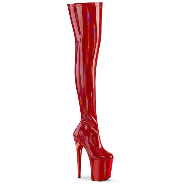 Sale FLAMINGO-3000HWR Pleaser Damen Plateauoverkneestiefel rot Hologramm Stretch Lack 38