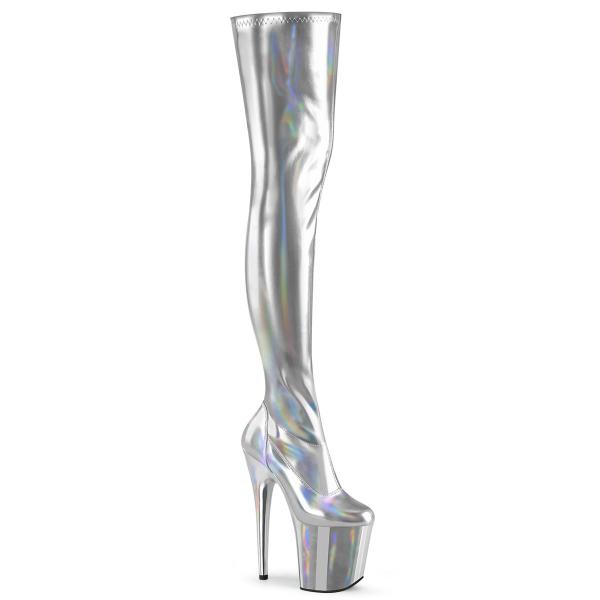 Sale FLAMINGO-3000HWR Pleaser Plateauoverkneestiefel silber Hologramm Stretch Lederlook 38