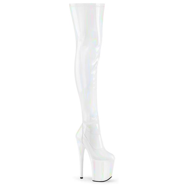 FLAMINGO-3000HWR Pleaser platform stretch thigh high heels boot white stretch holo patent