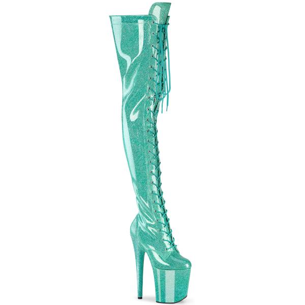 FLAMINGO-3020GP Pleaser vegan platform high heels thigh high boot aqua glitter patent