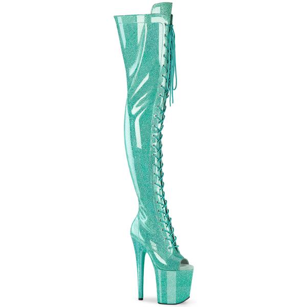 FLAMINGO-3021GP Pleaser High Heels Peep Toe Plateauoverkneestiefel aqua Glitter Lack