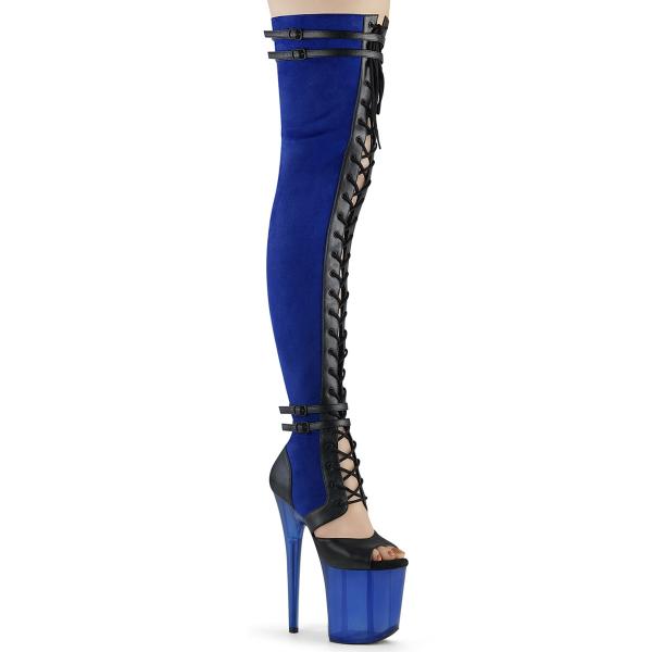 FLAMINGO-3027 Pleaser vegan high heels sandal style thigh high boot blue suede black matte frosted