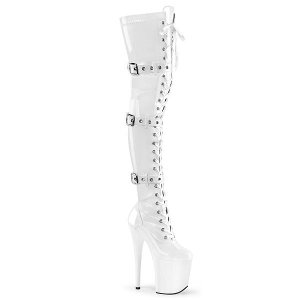 FLAMINGO-3028 Pleaser High-Heels Plateau Overkneestiefel weiß Lack 3 Schnallen