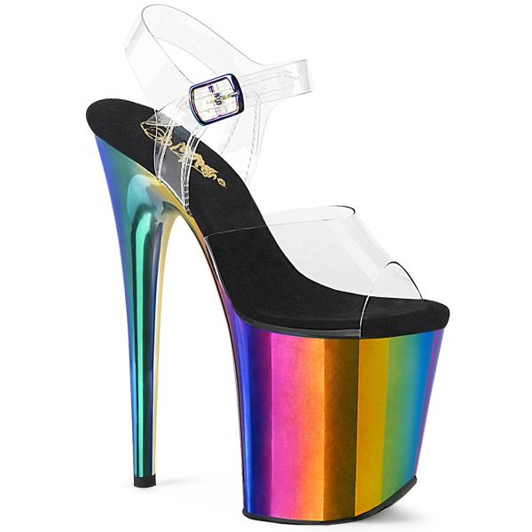 FLAMINGO-808RC Pleaser vegan platform ankle strap sandal clear rainbow chrome