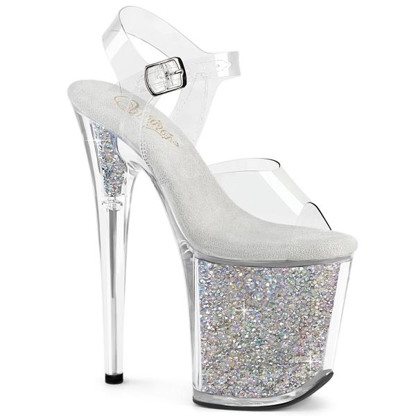 FLAMINGO-808RSI Pleaser High Heels Plateausandalette klar silber AB Strass gefüllt