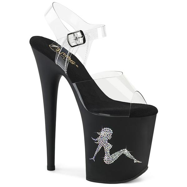 FLAMINGO-808TGRS Pleaser platform ankle strap sandal ab silver rhinestone trucker girl clear black