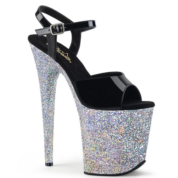 FLAMINGO-809LG Pleaser High-Heels Plateau Sandaletten schwarz Lack silber Glitter