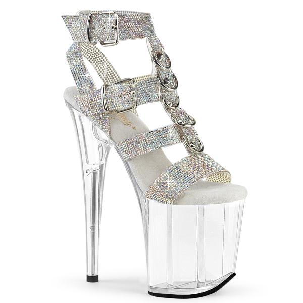 FLAMINGO-856RS Pleaser vegan highheels platform t-strap sandal silver rhinestones clear