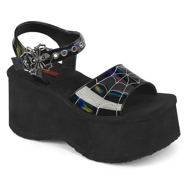 FUNN-10 DemoniaCult vegane Damen Plateausandaletten Spinnennetz schwarz Holo Lack