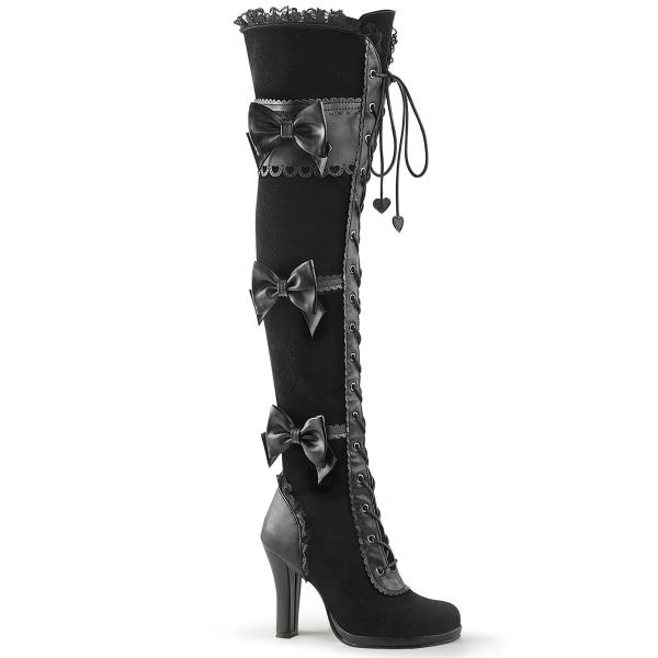 GLAM-300 DemoniaCult High-Heels Overkneestiefel schwarz Lederoptik Samt Schleifen