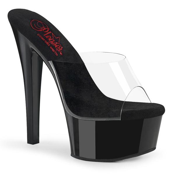 GLEAM-601 Pleaser High Heels komfortable Plateaupantoletten klar schwarz