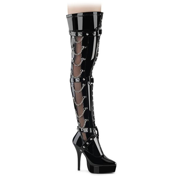 INDULGE-3026 Devious High Heel Stretch Oberkneestiefel Bondage-Gurt schwarz Lack