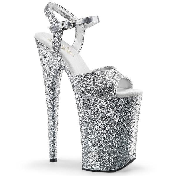 INFINITY-910LG Pleaser Damen Riemchen Plateau Stiletto Sandaletten silber Glitter