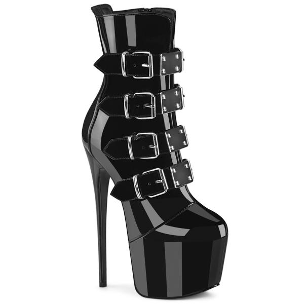 JUBILANT-1023 Pleaser vegan high heels buckle straps metal plates black patent