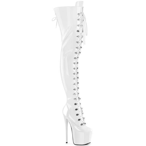 JUBILANT-4012 Pleaser vegan high heels concealed platform overknee boot white stretch patent