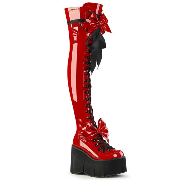 KERA-303 DemoniaCult Damen High Heels Schleifen Keil-Plateauoverkneestiefel rot Lack