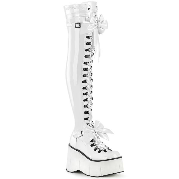 KERA-303 DemoniaCult wedge platform thigh high boots straps bow white stretch patent