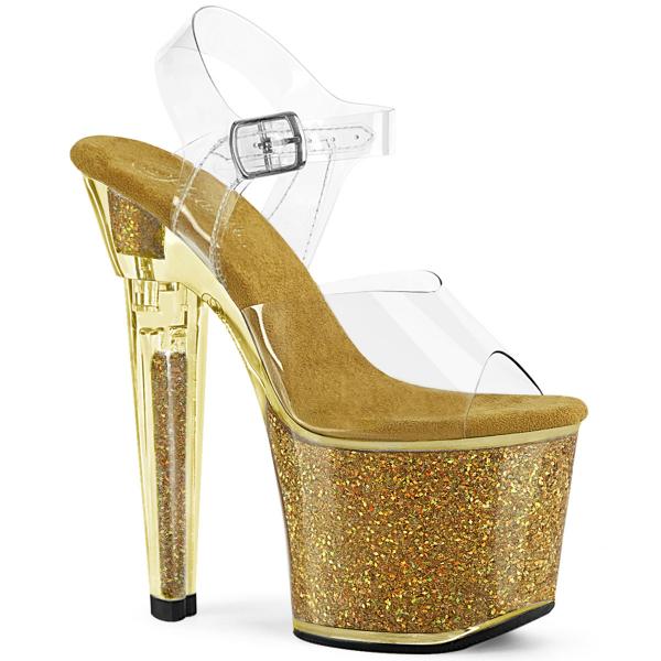 LOVESICK-708SG Pleaser heart shaped high heels platform ankle strap sandal clear gold glitter