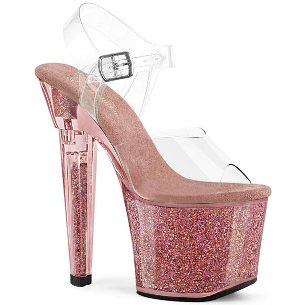 LOVESICK-708SG Pleaser heart shaped high heels platform ankle strap sandal clear pink glitter