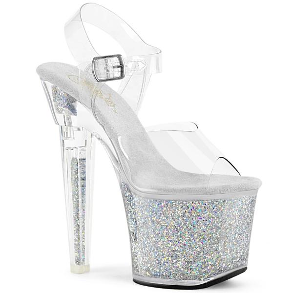 LOVESICK-708SG Pleaser heart shaped high heels platform ankle strap sandal clear silver glitter