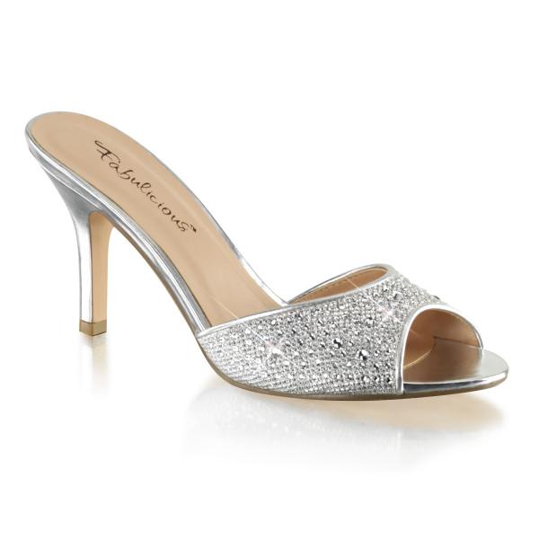 LUCY-01 Fabulicious Glitter Pantolette mit Strass besetzt silber Stilettoabsatz