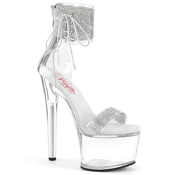 PASSION-727RS Pleaser vegan high heels ankle cuff rhinestones side lacing clear silver