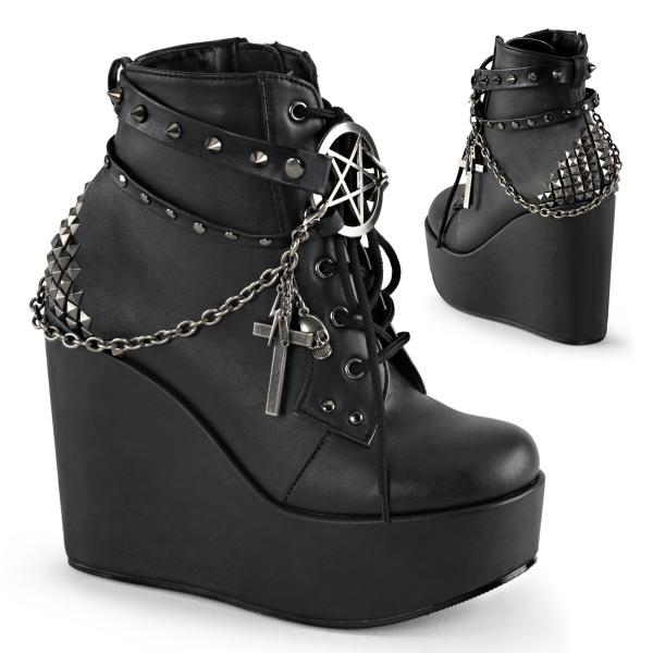 POISON-101 DemoniaCult wedge platform ankle bootie straps pentagram black matte