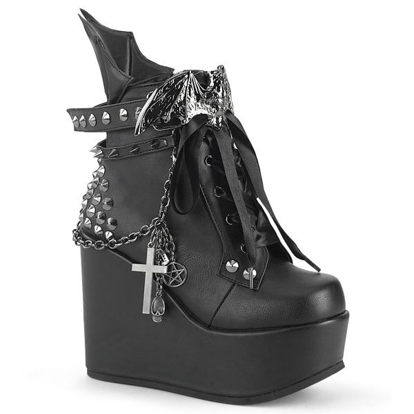 POISON-107 DemoniaCult Keilplateau Stiefeletten Nieten Ketten Fledermausschnalle schwarz Matt