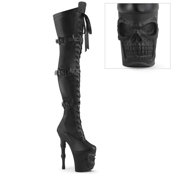 RAPTURE-3028 Pleaser skull bones vegan stretch ribbon lace-up thigh high boot black matte