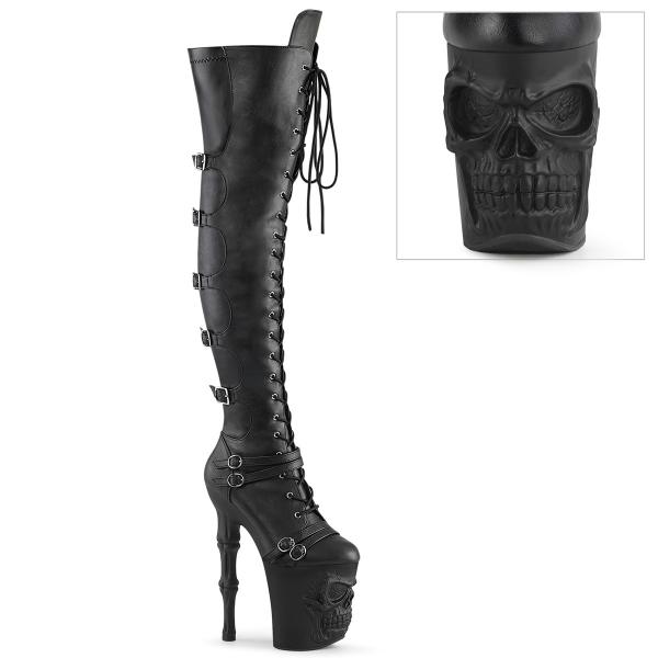 RAPTURE-3045 Pleaser Riemen Plateauoverkneestiefel Totenkopf schwarz Stretch Matt