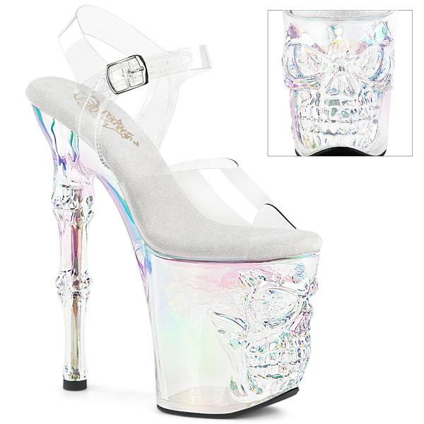 RAPTURE-808HT Pleaser Pleaser high heels ankle strap platform sandal skull bones clear holo tinted