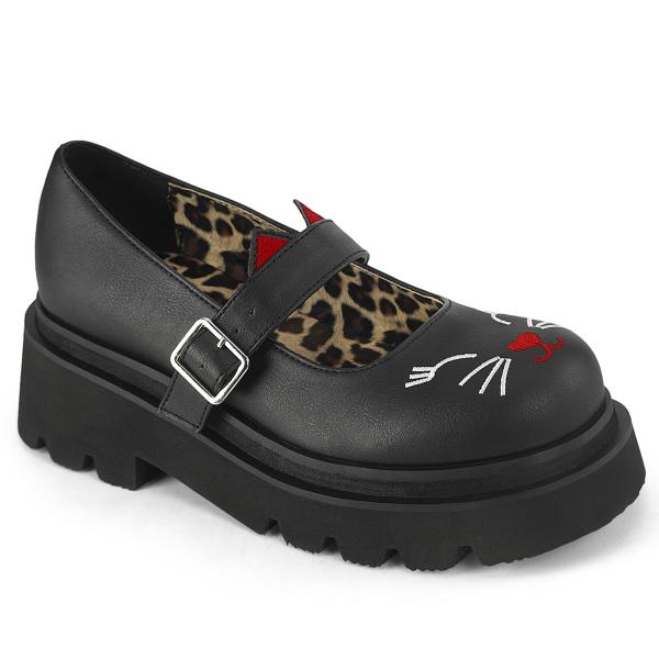 RENEGADE-56 DemoniaCult vegane Damen Plateaupumps gesticktes Katzengesicht schwarz Matt