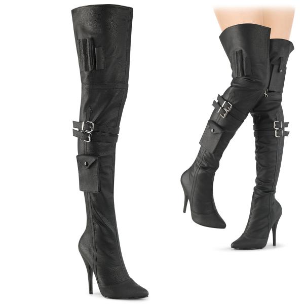 SEDUCE-3019 Pleaser erotische Damen Riemen Overkneestiefel Karabiner schwarz Lederoptik