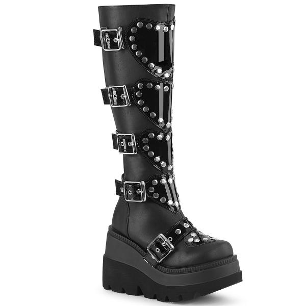 SHAKER-210 DemoniaCult vegan wedge platform knee high boot heart shield black matte