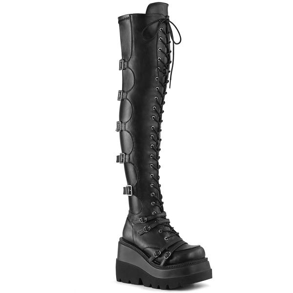 SHAKER-350 DemoniaCult Keil-Plateau Overkneestiefel schwarz Lederoptik mit Riemchen