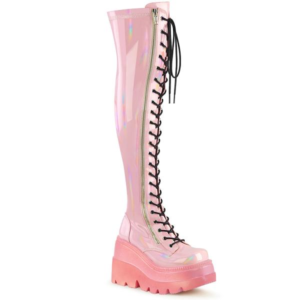 SHAKER-374-1 DemoniaCult vegane Keil-Plateauoverkneestiefel babypink Holo Stretch Lack