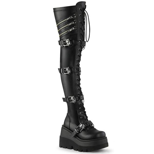 Sale SHAKER-420 DemoniaCult Plateauoverkneestiefel Totenkopfschnallen schwarz Stretch Matt 37