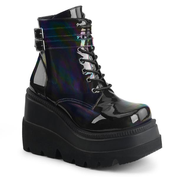 SHAKER-52 DemoniaCult Damen knöchelhohe Keil-Plateau Schnür-Stiefeletten schwarz Hologramm