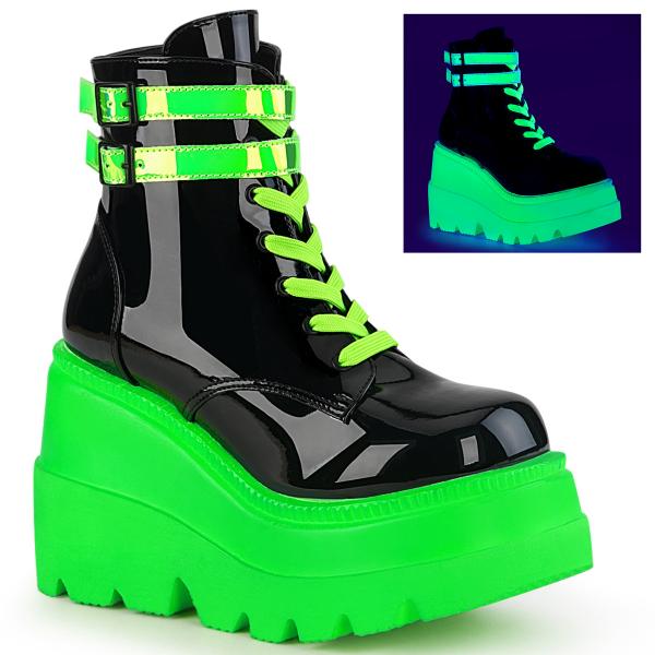 Auktion SHAKER-52 DemoniaCult vegane knöchelhohe Keil-Plateau Stiefelette schwarz Lack UV Neon grün 37