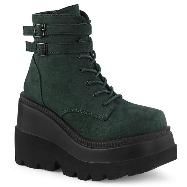 SHAKER-52 DemoniaCult Damen knöchelhohe Keil-Plateau Schnür-Stiefelette smaragdgrün Samt