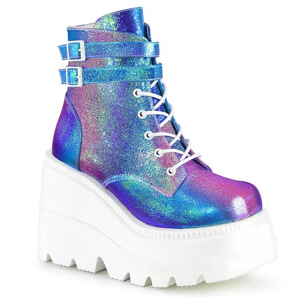 SHAKER-52 DemoniaCult vegane Damen knöchelhohe Keil-Plateau Stiefeletten lila Regenbogenfarben