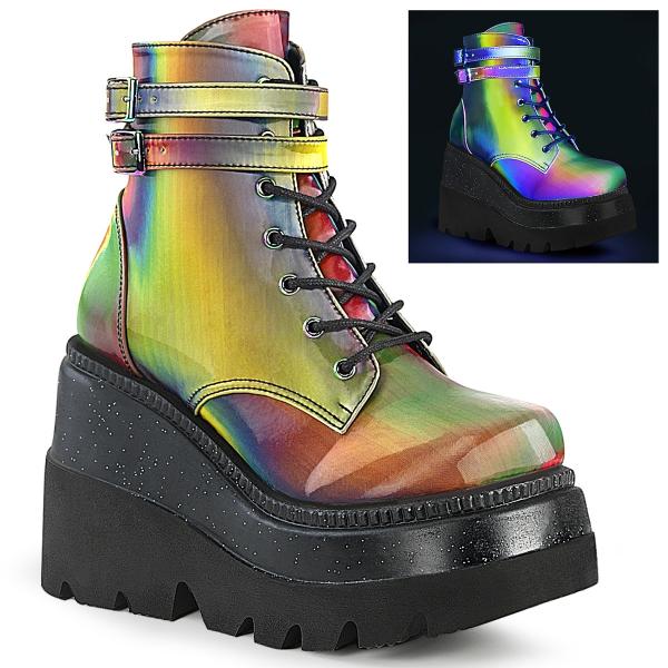 SHAKER-52 DemoniaCult Keil-Plateau Stiefeletten Doppelschnallen Regenbogen Reflektion