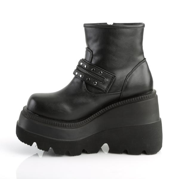 SHAKER-55 DemoniaCult Damen Keil-Plateau Stiefelette Fledermaus-Reißverschluss schwarz Lederoptik