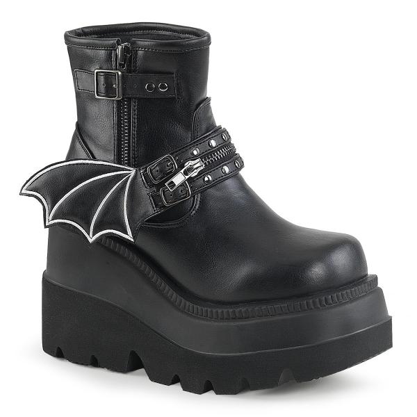 SHAKER-55 DemoniaCult Damen Keil-Plateau Stiefelette Fledermaus-Reißverschluss schwarz Lederoptik