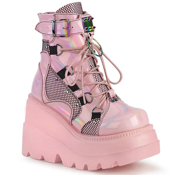 SHAKER-60 DemoniaCult Keilplateau Stiefeletten babypink Hologramm Kontrasteinsätze