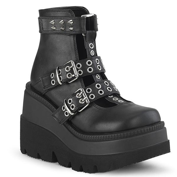 SHAKER-62 Demonia wedge platform cage bootie buckle straps cone spikes black matte