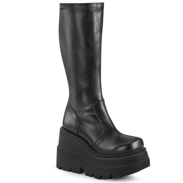 Sale SHAKER-65 DemoniaCult vegan wedge platform knee high boot black matte stretch 40