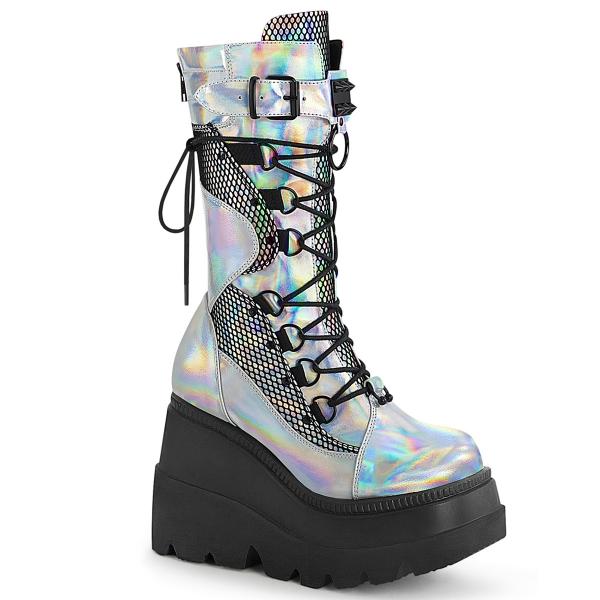 SHAKER-70 DemoniaCult vegane halbhohe Damen Keil-Plateau Schnür-Stiefel Spikes silber Hologramm Lederlook